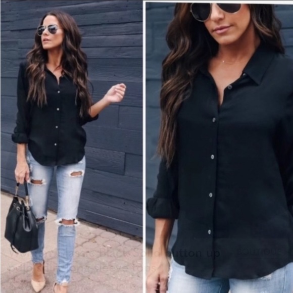 Black polo shirt button front long sleeve tops - Picture 2 of 5